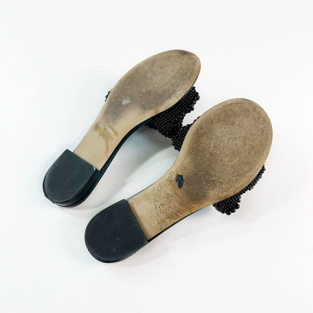 CHANEL Black Fantasy Pearl Cord Sandals Size 37 Mules Open Toe Slides CC Flat